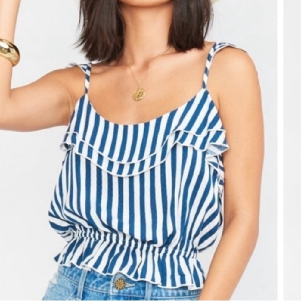 Show Me Your Mumu Skyline Top in Ocean Strip Size M Ruffles Feminie Rayon Summer